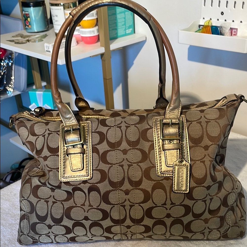 Coach Brown and Gold Satchel with Signature Pattern